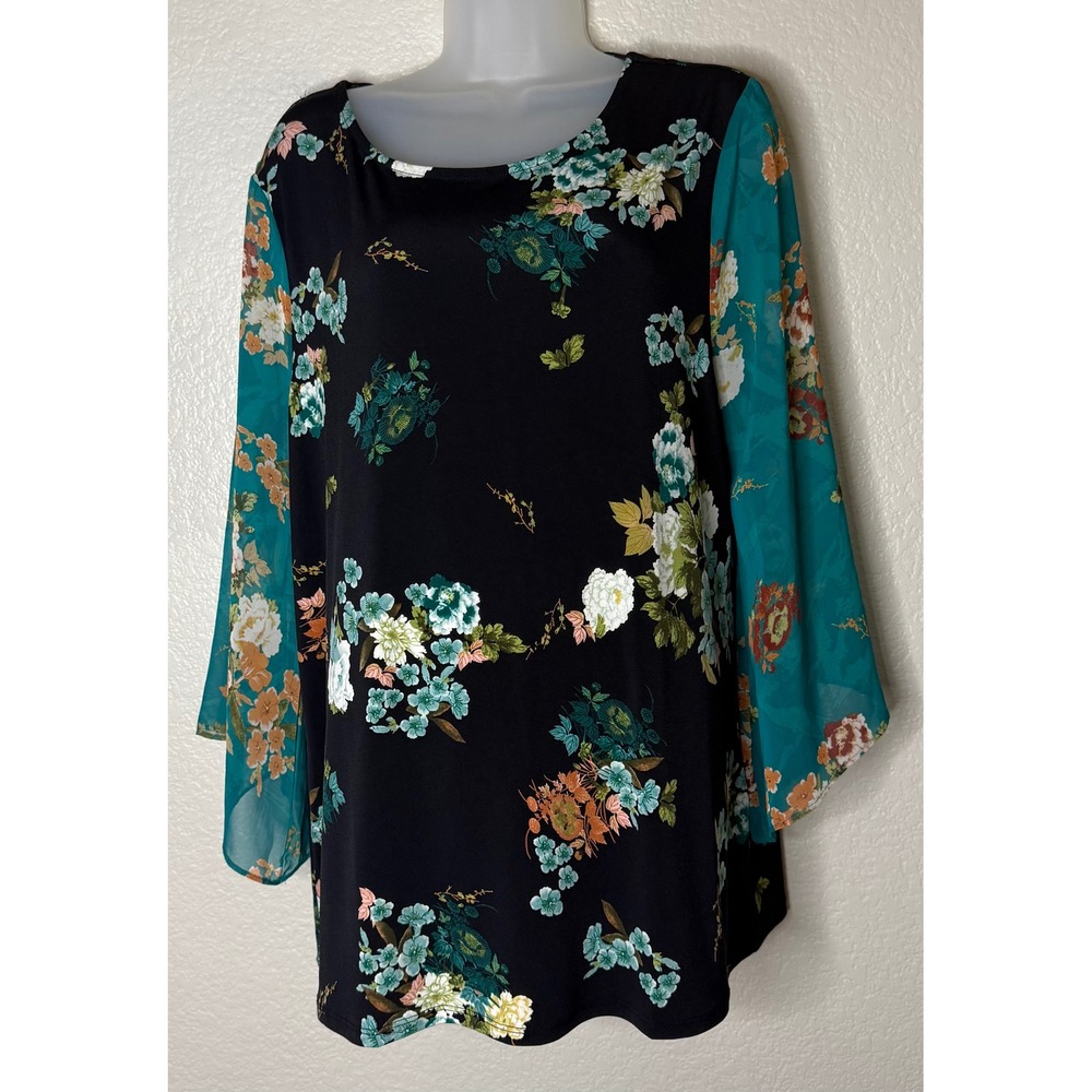 Chicos 2 US Large Tunic Top Black Floral Sheer Bell Sleeve Pullover Blouse Chic